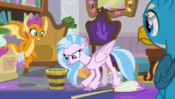 Size: 1024x576 | Tagged: safe, screencap, gallus, silverstream, smolder, classical hippogriff, griffon, hippogriff, g4, the hearth's warming club, animated, behaving like a cat, boomerang (tv channel), bucket, cute, diastreamies, epic fail, fail, no sound, silverstream's bucket, webm