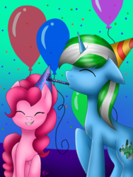 Size: 768x1024 | Tagged: safe, artist:midnight sparcake, pinkie pie, oc, oc:igames, g4, balloon, birthday, confetti, cute, happy, hat, party, party hat, party horn
