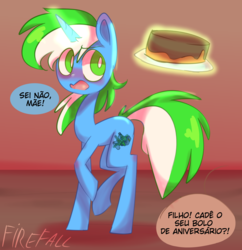 Size: 1920x1980 | Tagged: safe, artist:firefuckingfall, oc, oc only, oc:igames, pony, unicorn, birthday, brazilian portuguese, cake, comic, food, glowing horn, horn, magic, portuguese, solo, telekinesis, translated in the comments