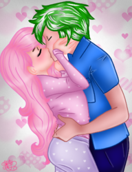 Size: 334x434 | Tagged: safe, fluttershy, oc, oc:igames, human, heart, humanized, kissing, male, shipping