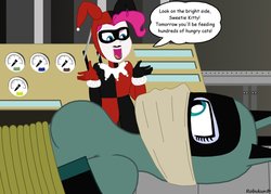 Size: 1057x755 | Tagged: safe, artist:robukun, pinkie pie, princess luna, vice principal luna, equestria girls, g4, batman the animated series, bound and gagged, catwoman, cloth gag, clothes, cosplay, costume, dc comics, gag, harley quinn, peril, pinkie quinn, tied up