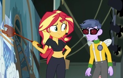 Size: 945x605 | Tagged: safe, edit, edited screencap, screencap, micro chips, sunset shimmer, all the world's off stage, all the world's off stage: micro chips, equestria girls, g4, my little pony equestria girls: better together, belly button, clothes, glasses, pants, pencil, stage