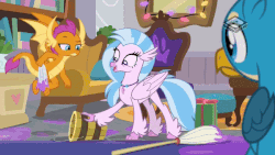 Size: 600x338 | Tagged: safe, screencap, gallus, silverstream, smolder, classical hippogriff, dragon, griffon, hippogriff, g4, the hearth's warming club, animated, boomerang (tv channel), bucket, cute, diastreamies, dragoness, female, flying, gif, hearth's warming, silverstream's bucket, song of my people