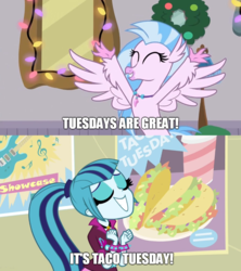 Size: 888x999 | Tagged: safe, edit, edited screencap, screencap, silverstream, sonata dusk, equestria girls, g4, my little pony equestria girls: rainbow rocks, the hearth's warming club, food, meme, sonataco, spread wings, taco, taco tuesday, that girl sure loves tacos, that siren sure does love tacos, wings