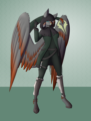 Size: 1500x2000 | Tagged: safe, artist:silverfox057, oc, oc:funeral dirge, oc:swan song, dragon, anthro, unguligrade anthro, arima verse, armor, big breasts, breasts, dagger, dracosteed, fantasy class, female, final boss, horn, knife, multicolored hair, nose horn, pinup, rogue, rule 63, solo, weapon, weaponized tail