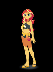 Size: 497x668 | Tagged: safe, artist:silverhd2, sunset shimmer, equestria girls, g4, my little pony equestria girls: better together, 3d, belly button, black background, cel shading, clothes, craft, feet, female, flip-flops, looking at you, midriff, sandals, sculpture, simple background, solo, swimsuit
