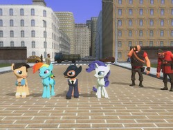 Size: 1024x768 | Tagged: safe, rainbow dash, rarity, human, pony, g4, 3d, city, crossover, gmod, heavy (tf2), heavy weapons guy is not amused, ponified, scout (tf2), soldier, soldier (tf2), spy, spy (tf2), team fortress 2