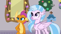 Size: 640x360 | Tagged: safe, screencap, silverstream, smolder, dragon, hippogriff, g4, the hearth's warming club, animated, boomerang (tv channel), claws, cute, diastreamies, dragon wings, dragoness, fangs, female, giggling, hand on hip, horns, laughing, logo, sound, talking, webm, wings