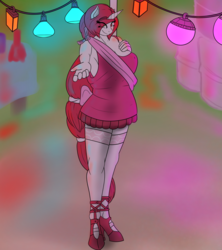 Size: 1555x1755 | Tagged: safe, artist:splint, oc, oc:glory, anthro, clothes, curvy, dance floor, dress, high heels, lights, long mane, long tail, looking at you, offering, party, sash, shoes, smiling, stockings, story included, stupid sexy glory, thigh highs