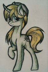 Size: 1331x1980 | Tagged: artist needed, safe, oc, oc only, oc:arcane tesla, pony, blue eyes, cutie mark, fedora, female, hat, mare, rule 63, simple background, solo, traditional art