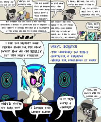 Size: 1000x1200 | Tagged: safe, artist:bjdazzle, bon bon, derpy hooves, dj pon-3, lyra heartstrings, octavia melody, sweetie drops, vinyl scratch, earth pony, pegasus, pony, unicorn, comic:accidental transit guardians, g4, atg 2018, bowtie, box, chibi, comic, excited, female, help, lonely, mare, newbie artist training grounds, package, popular, profile, record, silhouette, speaker, turntable, vinyl the vampire