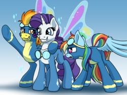 Size: 2000x1500 | Tagged: safe, artist:ohemo, rainbow dash, rarity, spitfire, pegasus, pony, unicorn, g4, atg 2018, blue background, butterfly wings, clothes, female, goggles, mare, newbie artist training grounds, side hug, simple background, trio, uniform, wonderbolts uniform