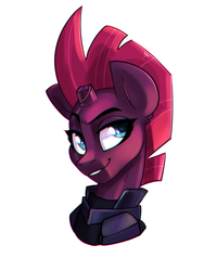 Size: 3000x4000 | Tagged: safe, artist:annakitsun3, tempest shadow, pony, unicorn, g4, broken horn, bust, eye scar, female, horn, mare, raised eyebrow, scar, simple background, smiling, solo, white background