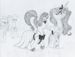 Size: 1145x868 | Tagged: safe, artist:t72b, derpibooru exclusive, princess luna, rarity, pony, g4, alternate hairstyle, background pony, clothes, dress, embarrassed, grin, levitation, magic, monochrome, nervous, newbie artist training grounds, paper fan, smiling, sweat, sweatdrop, telekinesis, traditional art, walking, wavy mouth