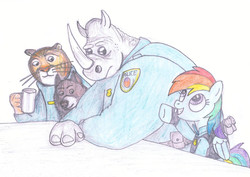 Size: 960x680 | Tagged: safe, artist:m.w., rainbow dash, big cat, pegasus, pony, rhinoceros, tiger, wolf, g4, crossover, cute, disney, hoofbump, newbie artist training grounds, officer fangmeyer, officer mchorn, officer wolford, parody, police officer, wholesome, zootopia
