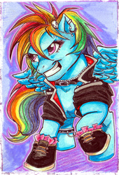 Size: 600x883 | Tagged: safe, artist:farthingale, rainbow dash, pony, g4, clothes, female, jacket, shoes, smiling, solo