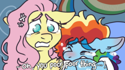 Size: 850x476 | Tagged: safe, artist:bunnykitty13, fluttershy, rainbow dash, pegasus, pony, g4, tanks for the memories, clothes, crying, dialogue, duo, duo female, female, mare, rainbow dash's house, sad, scene interpretation