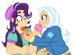 Size: 1024x758 | Tagged: safe, artist:saminamina, starlight glimmer, trixie, human, g4, crackers, female, food, humanized, ice cream, lesbian, peanut butter, peanut butter crackers, ship:startrix, shipping, simple background, transparent background