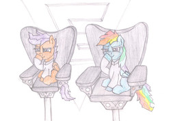 Size: 960x680 | Tagged: safe, artist:m.w., rainbow dash, scootaloo, pony, g4, my little pony: friendship is magic, secrets and pies, adorapiehater, austin powers, chair, cute, cutealoo, dashabetes, dr. evil, evil pie hater dash, evil pie hater scootaloo, evil rainbow dash, exploitable meme, glimmerposting, meme, mini-me (austin powers), parody