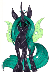 Size: 1590x2356 | Tagged: safe, artist:ponycide, queen chrysalis, changeling, changeling queen, g4, crown, fangs, female, jewelry, lidded eyes, regalia, solo, watercolor painting