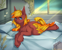 Size: 1900x1535 | Tagged: safe, artist:kottonashi, oc, oc only, oc:himitsu chan, pegasus, pony, bed, digital art, female, looking at you, mare, morning, pillow, signature, solo, unshorn fetlocks, ych result