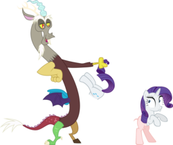 Size: 2298x1920 | Tagged: safe, artist:fabulouspony, artist:really-unimportant, artist:slb94, artist:wolfie-blitz, edit, editor:slayerbvc, vector edit, discord, rarity, draconequus, pony, unicorn, g4, assisted exposure, bipedal, bottomless, butt, cartoon physics, discord being discord, duo, duo male and female, female, frown, furless edit, high res, holding, looking back, male, mare, open mouth, open smile, partial nudity, partial nudity edit, plot, shaved tail, shocked, simple background, smiling, transparent background, vector, wide eyes