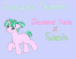 Size: 2893x2229 | Tagged: safe, artist:jolliapplegirl, oc, oc only, oc:aventurine shimmer, pony, unicorn, bio, blank flank, female, filly, high res, next generation, parent:diamond tiara, parent:snails, parents:diamondsnail, solo