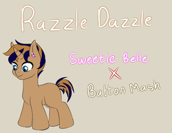 Size: 2893x2229 | Tagged: safe, artist:jolliapplegirl, oc, oc only, oc:razzle dazzle, pony, unicorn, bio, colt, deaf, hearing aid, high res, male, next generation, offspring, parent:button mash, parent:sweetie belle, parents:sweetiemash, solo