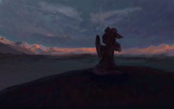 Size: 1590x1000 | Tagged: safe, artist:malinetourmaline, oc, oc only, pony, hat, mountain, mountain range, scenery, solo