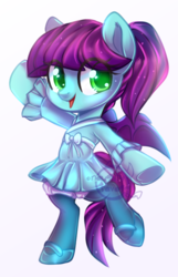 Size: 600x934 | Tagged: safe, artist:cabbage-arts, oc, oc only, oc:high pitch, bat pony, pony, g4, bipedal, bloomers, clothes, commission, commissioner:tornadopilot2, dress, female, mary janes, pantyhose, simple background, solo