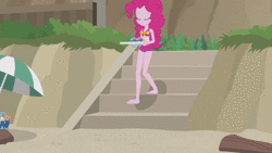 Size: 1280x720 | Tagged: safe, screencap, pinkie pie, equestria girls, equestria girls series, g4, too hot to handle, animated, barefoot, close-up, clothes, feet, fist, fist shaking, hot, hotfoot, ouch, pictures of legs, sand, shaved ice, snow cone, sound, swimsuit, webm
