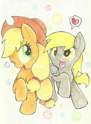 Size: 530x720 | Tagged: artist needed, safe, applejack, derpy hooves, earth pony, pegasus, pony, g4, abstract background, cute, female, heart, lesbian, mare, one eye closed, raised hoof, ship:derpyjack, shipping, smiling, speech bubble, tongue out, traditional art, wink