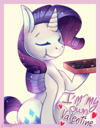 Size: 500x640 | Tagged: safe, artist:cappydarn, rarity, pony, unicorn, g4, arrogant, border, box of chocolates, chocolate, eating, eyes closed, female, food, heart, holding, holiday, hoof hold, mare, simple background, solo, text, valentine, valentine's day, white background