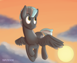 Size: 3086x2527 | Tagged: safe, artist:triplesevens, thunderlane, pegasus, pony, g4, evening, flying, high res, looking up, male, smiling, solo, spread wings, sunset, wings