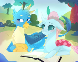 Size: 1000x800 | Tagged: safe, artist:waterz-colrxz, gallus, ocellus, changedling, changeling, griffon, g4, blushing, book, cute, diaocelles, duo, female, gallabetes, male, prone, ship:luslus, shipping, straight