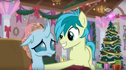 Size: 1673x929 | Tagged: safe, screencap, ocellus, sandbar, changedling, changeling, earth pony, pony, g4, the hearth's warming club, boomerang (tv channel), cute, diaocelles, duo, female, hearth's warming tree, male, sandabetes, smiling, teenager