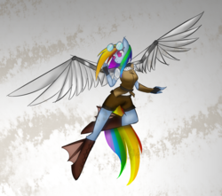 Size: 1280x1129 | Tagged: safe, artist:alidraws, rainbow dash, anthro, unguligrade anthro, g4, artificial wings, augmented, clothes, female, goggles, mechanical wing, solo, steampunk, wings