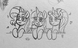 Size: 1280x786 | Tagged: safe, artist:chautung, starlight glimmer, sunset shimmer, twilight sparkle, pony, unicorn, g4, :3, counterparts, happy, monochrome, pencil drawing, smiling, traditional art, twilight's counterparts