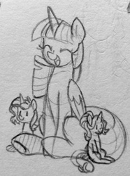 Size: 954x1280 | Tagged: safe, artist:chautung, starlight glimmer, sunset shimmer, twilight sparkle, alicorn, pony, unicorn, g4, counterparts, happy, magical trio, micro, monochrome, pencil drawing, sitting, traditional art, twilight sparkle (alicorn), twilight's counterparts