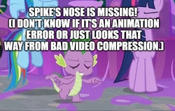 Size: 744x471 | Tagged: safe, edit, edited screencap, editor:useraccount, screencap, rainbow dash, spike, twilight sparkle, alicorn, dragon, pony, g4, the hearth's warming club, animation error, caption, cropped, eyes closed, female, great moments in animation, image macro, male, mare, meme, no nose, slime, solo focus, text, twilight sparkle (alicorn)