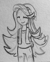 Size: 1030x1280 | Tagged: safe, artist:chautung, starlight glimmer, equestria girls, equestria girls specials, g4, mirror magic, beanie, clothes, eyes closed, female, hat, monochrome, pencil drawing, ripped pants, shirt, smiling, solo, traditional art, vest