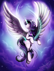Size: 1024x1334 | Tagged: safe, artist:jenndylyon, starlight glimmer, alicorn, pony, g4, alicornified, eyes closed, female, flying, glowing horn, horn, large wings, magic, race swap, sky, solo, spread wings, starlicorn, watermark, wings