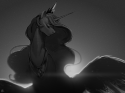 Size: 2000x1492 | Tagged: safe, artist:voyager, princess celestia, alicorn, pony, g4, backlighting, eyes closed, female, grayscale, mare, monochrome, solo