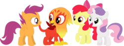 Size: 3590x1336 | Tagged: safe, artist:porygon2z, apple bloom, scootaloo, sweetie belle, oc, oc:heatwave, earth pony, griffon, pegasus, pony, unicorn, g4, chickub, cutie mark crusaders, simple background, transparent background, vector