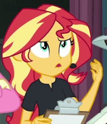 Size: 678x788 | Tagged: safe, screencap, sunset shimmer, all the world's off stage, equestria girls, g4, my little pony equestria girls: better together, my little pony equestria girls: choose your own ending, animated, animated screencap, clipboard, exasperated face, female, gif, solo