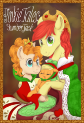 Size: 800x1174 | Tagged: safe, artist:laps-sp, applejack, bright mac, pear butter, earth pony, pony, g4, baby, baby pony, babyjack, clothes, crown, cute, foal, jackabetes, jewelry, pinkie tales, regalia, sleeping beauty, younger