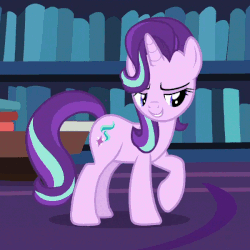 Size: 600x600 | Tagged: safe, edit, screencap, starlight glimmer, pony, fame and misfortune, g4, season 7, animated, book, bookshelf, cropped, female, gif, library, loop, sassy, smug, smuglight glimmer, solo, table, twilight's castle, twilight's castle library