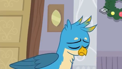 Size: 1280x720 | Tagged: safe, screencap, gallus, griffon, g4, the hearth's warming club, beak, boomerang (tv channel), eyes closed, male, sad