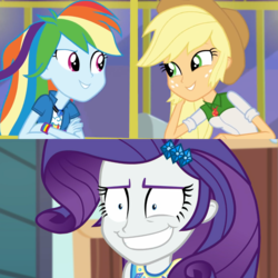 Size: 1080x1080 | Tagged: safe, edit, screencap, applejack, rainbow dash, rarity, equestria girls, equestria girls specials, g4, get the show on the road, my little pony equestria girls: better together, my little pony equestria girls: rollercoaster of friendship, my little pony equestria girls: summertime shorts, clothes, faic, female, geode of shielding, geode of super speed, geode of super strength, jealous, lesbian, magical geodes, reaction image, romantic jealousy, ship:appledash, ship:rarijack, shipping