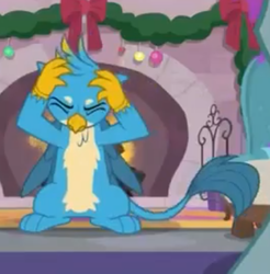Size: 532x540 | Tagged: safe, screencap, gallus, griffon, g4, the hearth's warming club, annoyed, claws, cropped, fireplace, frustrated, male, paws, tail, upset